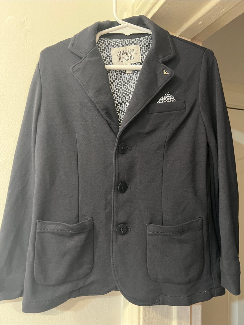 Armani Junior navy single-breasted blazer with patterned pocket square